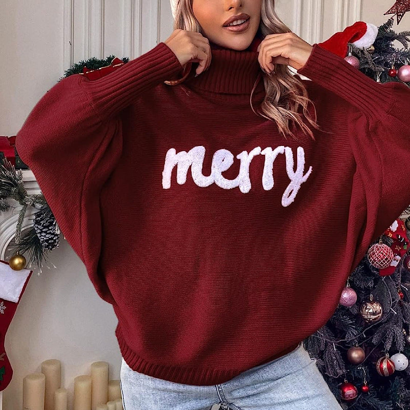 Bat High Neck Christmas Valentine's Day Women's Autumn and Winter Knit Sweater Pullover Loose Sweater